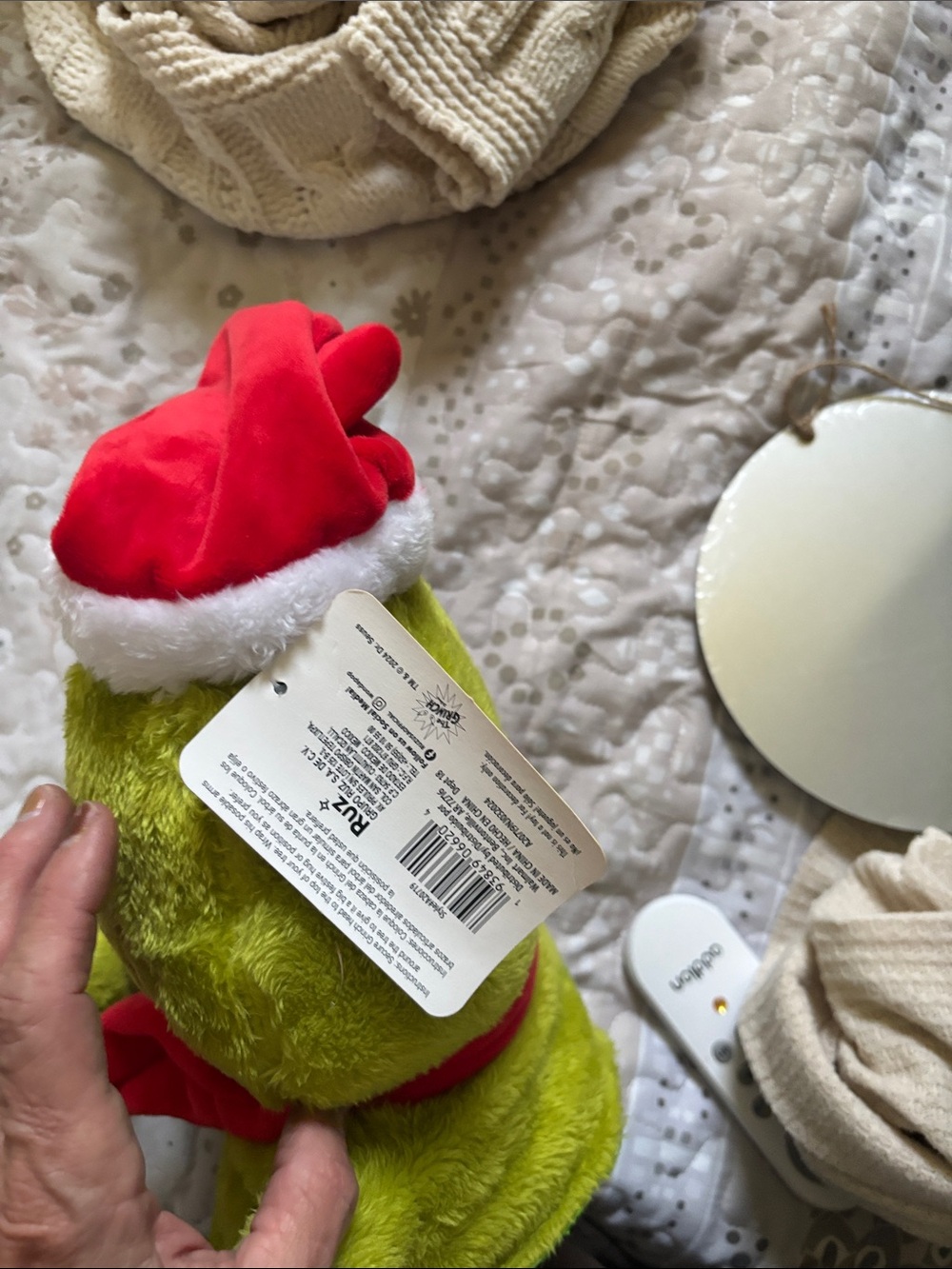 Festive Grinch Plush Holiday tree topper in Bright Green with Red Hat - Picture 4 of 7